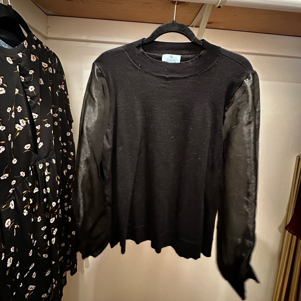 CeCe Black Sweater with Sheer Billowy Sleeves